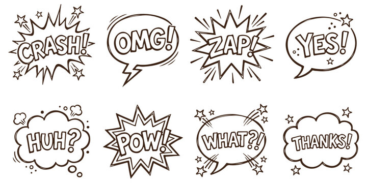 Set of hand drawn comic speech bubbles with expressive words and explosion shapes