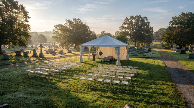 White ceremony tent set up for a funeral in a sunny cemetery landscape with burial ground burial site memorial service cemetery ceremony memorial landscape