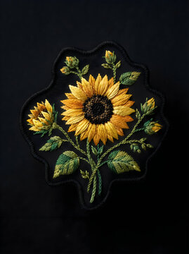 Sunflower embroidery on black background detailed fabric art floral patchwork needlework craft concept with sunflower embroidery needlework patchwork stitched