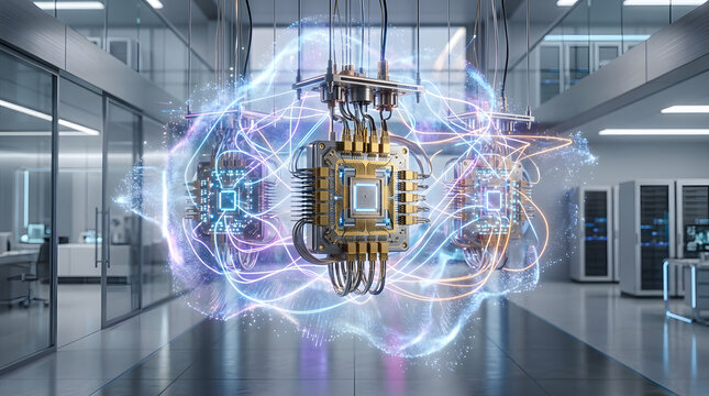 Advanced quantum processor units suspended in a laboratory environment with energy fields