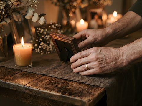 Person holding framed photo next to candles in memory of deceased loved one at home memorial setting with mourning memorial deceased candlelight reflection