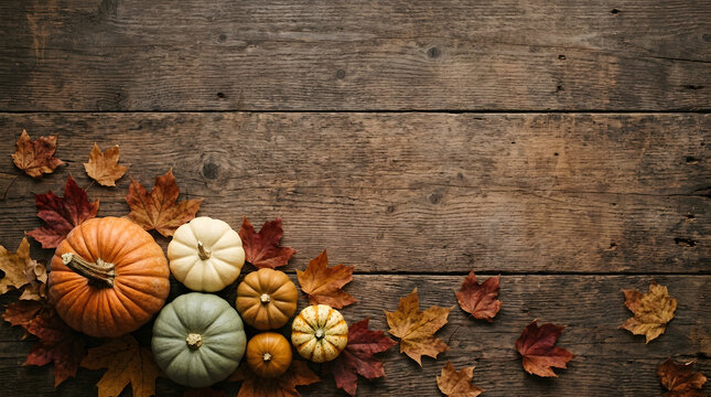 Rustic thanksgiving background featuring a collection of colorful pumpkins and autumn leaves arranged on a weathered dark wooden table with copy space