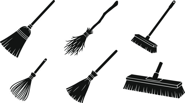 Set of black silhouette broom icons for cleaning and sweeping isolated on a plain white background isolated on white background