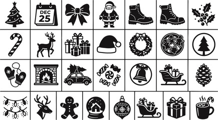 Set of black and white hand drawn christmas icons featuring festive holiday elements like trees gifts reindeer and winter seasonal decorations © Rujina