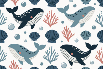 Fototapeta premium Seamless pattern features cute cartoon blue whales swimming among sea shells and coral reefs on a white background.