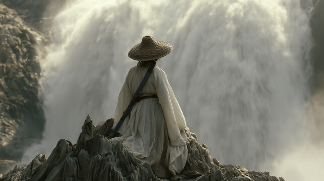 Mystic Warrior at the Falls: A solitary figure clad in traditional attire, wearing a wide-brimmed hat, gazes at a powerful waterfall cascading down rugged cliffs.