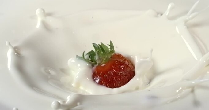 Strawberry falling into milk with splash in super slow motion