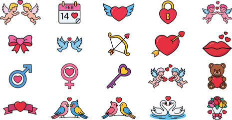 Obraz premium Cute Valentine's Day flat line vector icon set. Collection of love and romance symbols. 