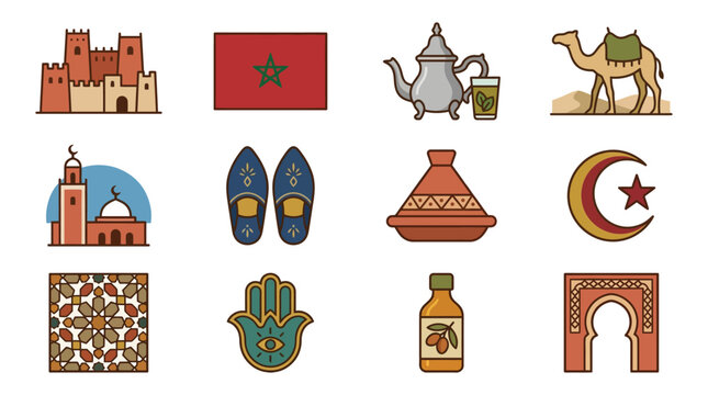Moroccan Cultural Elements Vector Illustration With Traditional Symbols And Architecture