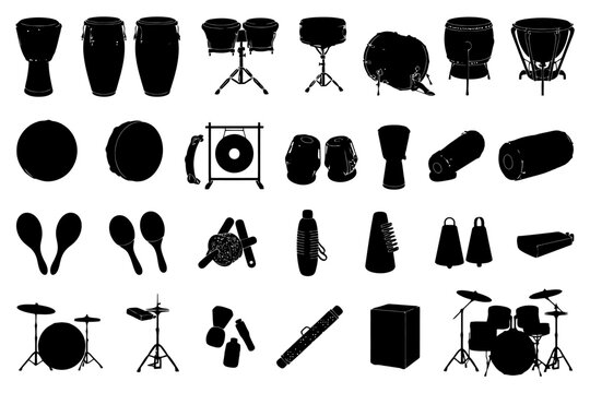 Silhouettes of various percussion instruments in rows.