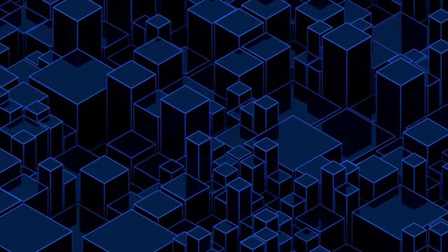 Abstract blue isometric cube grid background with randomly growing up blocks and neon glow outlines. Clean geometric animation for technology, computer science and office presentations. Loop 4K 60fps