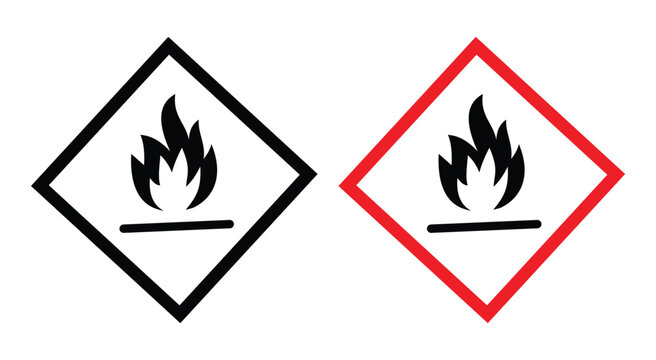 GHS flammable warning hazard symbol. Globally harmonized system flammability pictogram vector graphic design for dangerous goods and warning labels. 