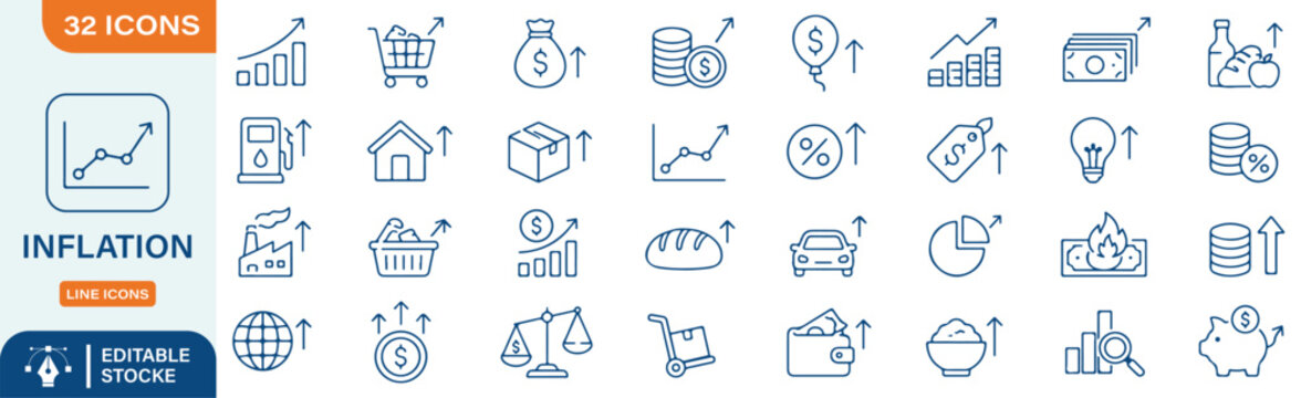 32 Inflation Vector Outline Icons Set &ndash; Economic Crisis, Rising Prices, Financial Market, Cost of Living and Money Devaluation Line Symbols Collection