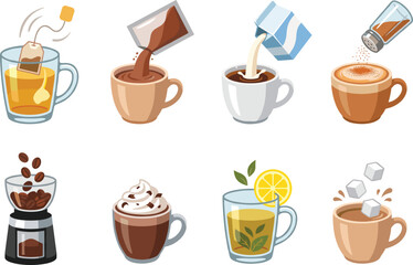 Obraz premium Hot Beverage Preparation Line Art Color Vector Set Featuring Tea Coffee Hot Chocolate and Drink Making Icons