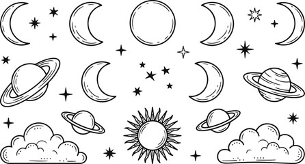 Set of hand drawn celestial elements including moon phases planets sun and clouds in black ink style © solayman