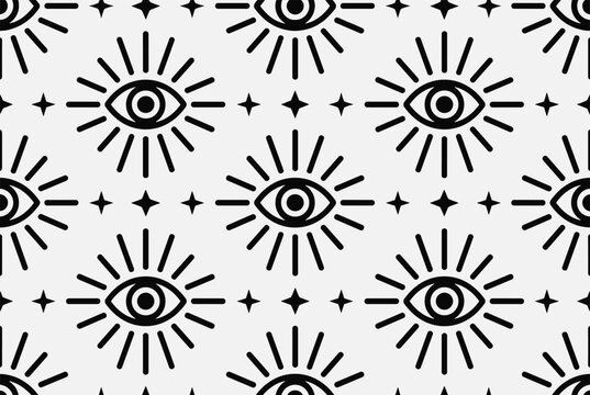 Mystical seamless pattern of simple black evil eye symbols with sun rays and stars on a clean white background.
