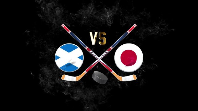 Japan vs Scotland Hockey Tournament Illustration with Crossed Sticks and Puck