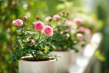 Naklejka premium Pink rose blossoms buds green leaves grow in pots. Residential garden nursery backyard landscaping industry design material product marketing commercial advertising web banner backdrop template.