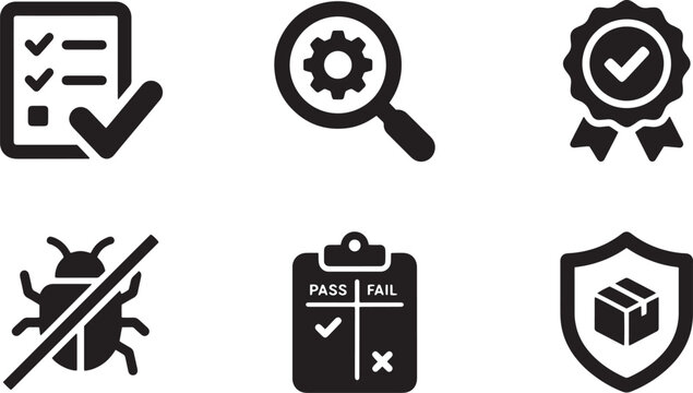 Quality assurance icons set, software testing and bug fixing symbols, 6 black vector icons for business compliance and product inspection isolated on Transparent Background