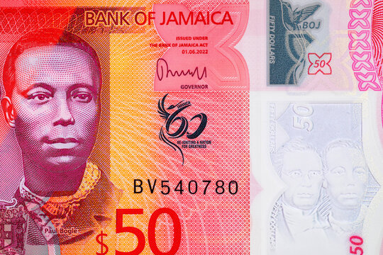 50 Dollars Jamaican banknote featuring portraits of National Heroes Paul Bogle. Jamaican money. Polymer money.