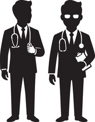 Fototapeta premium Black silhouette vector icons of two male doctors in suits with stethoscopes isolated on white background cartoon style, silhouette