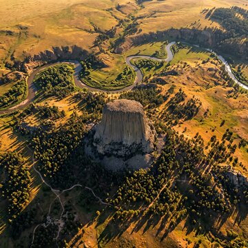 Devils Tower National Monument True Vertical Satellite Style Aerial View at Sunrise