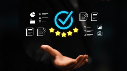 Business success concept with hand reaching for glowing checkmark, checklist, document icons, and five-star rating symbolizing quality assurance and achievement Gluon. © InfiniteFlow