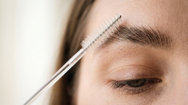 Extreme close-up of spoolie brush grooming natural eyebrow hairs, brow care detail with copy space