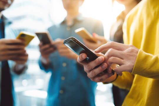 Group young people stand together each absorbed in browsing, typing on their smartphones. Digital addiction, social media, mobile application. Social network society generation, internet online. Gen Z