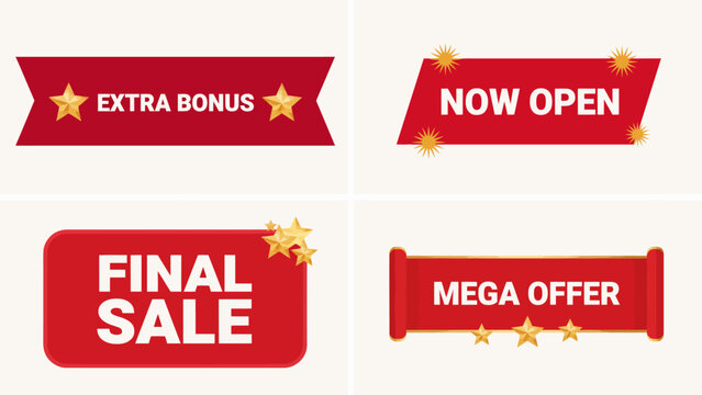 A collection of four red promotional banners featuring white text for extra bonus now open final sale and mega offer marketing campaign designs