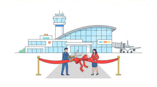 Airport grand opening ribbon cutting ceremony. Officials inaugurating a new terminal building.