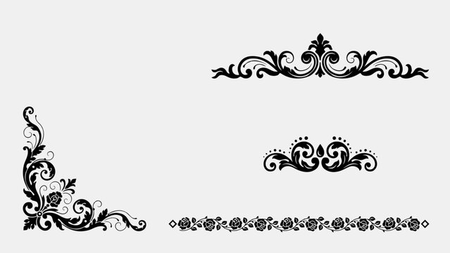 Set of elegant black vintage floral ornaments and decorative corner borders isolated on a plain white background for luxury wedding invitation design projects