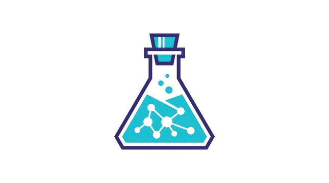 Erlenmeyer flask with molecular symbol for science innovation. Laboratory glassware icon representing chemistry research and biotech development.