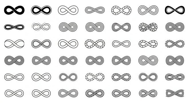 Large Collection of Infinity Symbols in Various Styles and Designs, Black and White Vector Icons Set