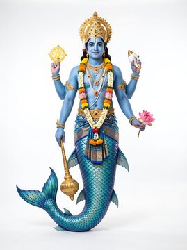 Matsya Avatar Lord Vishnu with Traditional Attributes Conch, Chakra, and Mace
