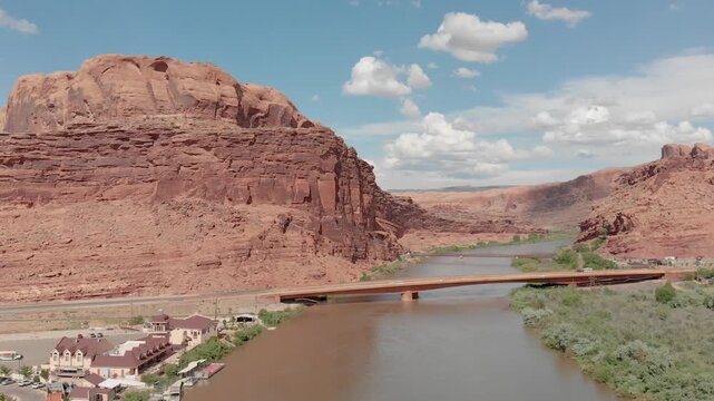 Colorado river and mountains from drone, aerial view in Moab area. Slow motion