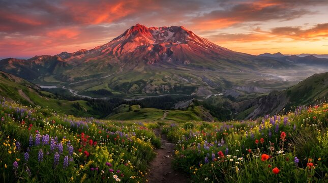 Stunning Sunrise Over Mount Saint Helens Featuring Vibrant Wildflowers and Golden Hour Glow in Washington State Wilderness