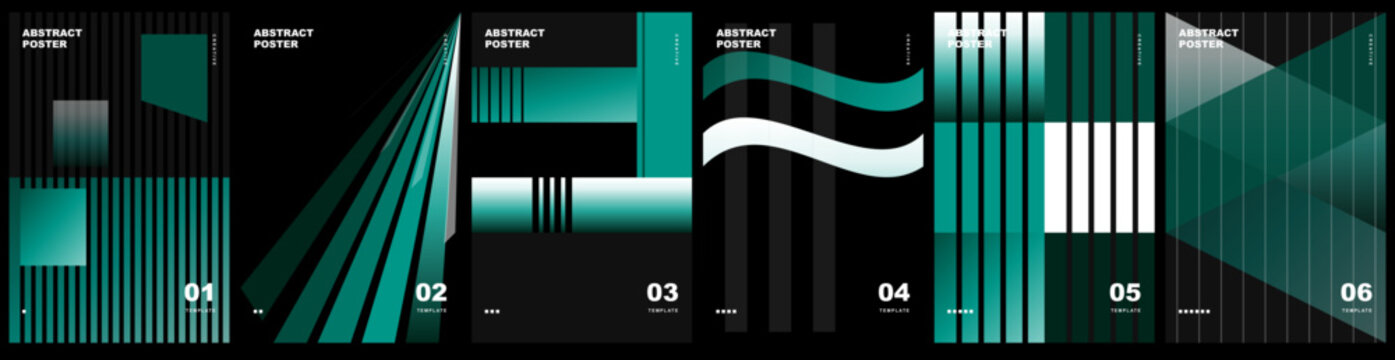 Set of six abstract posters with green gradient geometric shapes and lines on for modern design