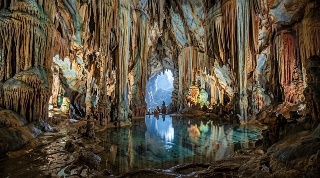 Subterranean Wonder: An awe-inspiring cave chamber unfolds with intricate stalactites and stalagmites, surrounding a tranquil pool reflecting the ethereal blue light filtering from an opening.