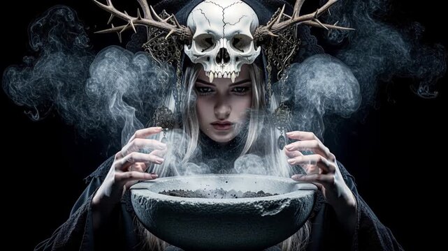 Mystical witch portrait above carved cauldron releasing swirling blue smoke