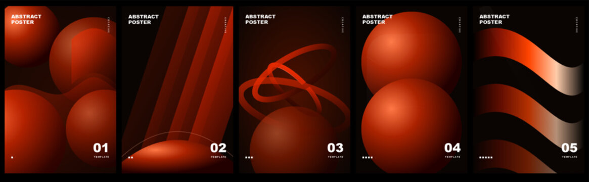 Set of 5 abstract posters with red 3d spheres, wavy lines and geometric shapes on for design template