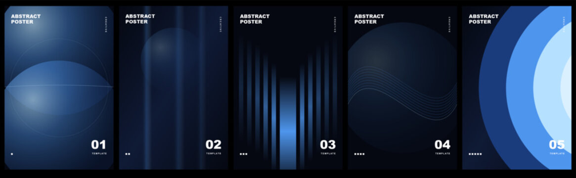 Set of abstract posters with blue gradient geometric shapes and lines on dark background for modern design templates