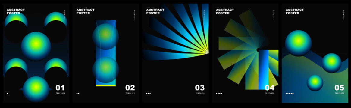 Set of abstract posters with vibrant gradient spheres and geometric shapes on for modern design