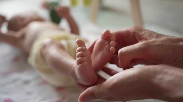 Close up view of a mother's hands gently massaging the tiny feet of her newborn infant, providing comfort and care while strengthening the bond between parent and child
