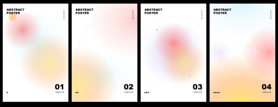 Set of abstract posters with soft gradient shapes, fluid color blobs, and minimalist geometric lines