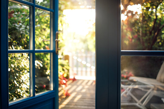 Blue-framed glass door open to a sunlit garden with wooden deck, greenery, and a lounge chair visible in the background creating a serene outdoor space