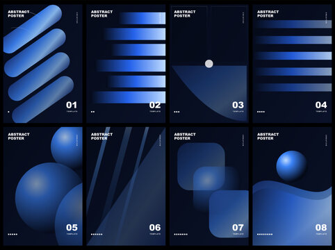 Set of 8 abstract posters with blue gradient geometric shapes, modern minimalist design templates for business presentations, social media, and flyers