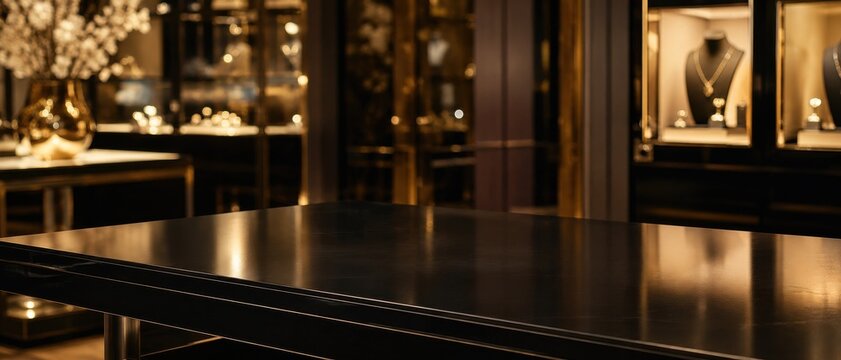 Luxury jewelry store interior with display cases at evening