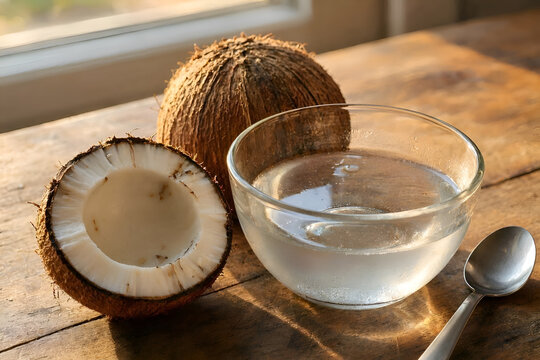 Fresh coconut water in glass bowl with halved coconut on wooden table