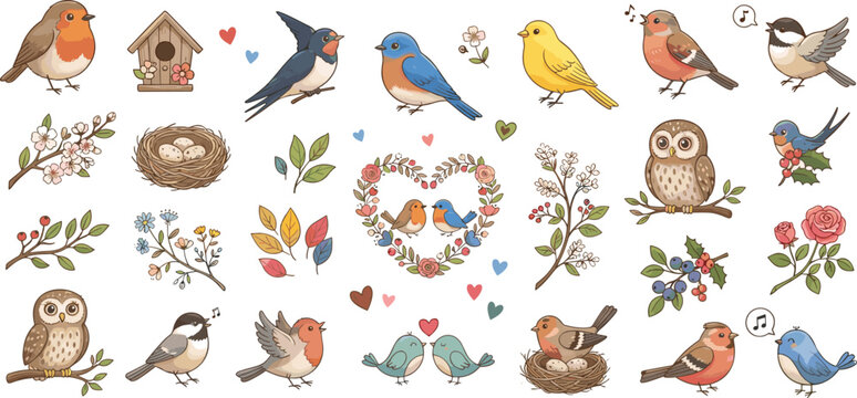 Cute spring birds clip art set robin bluebird owl birdhouse nest flowers heart wreath vector illustration collection.